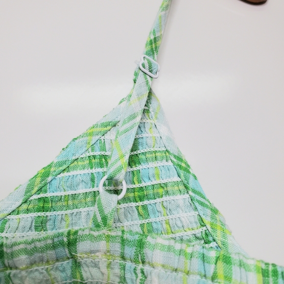 COTTON ON Plaid Green Crop Shirred Top Blouse Cotton Ruffle Size Medium Summer - Picture 5 of 8